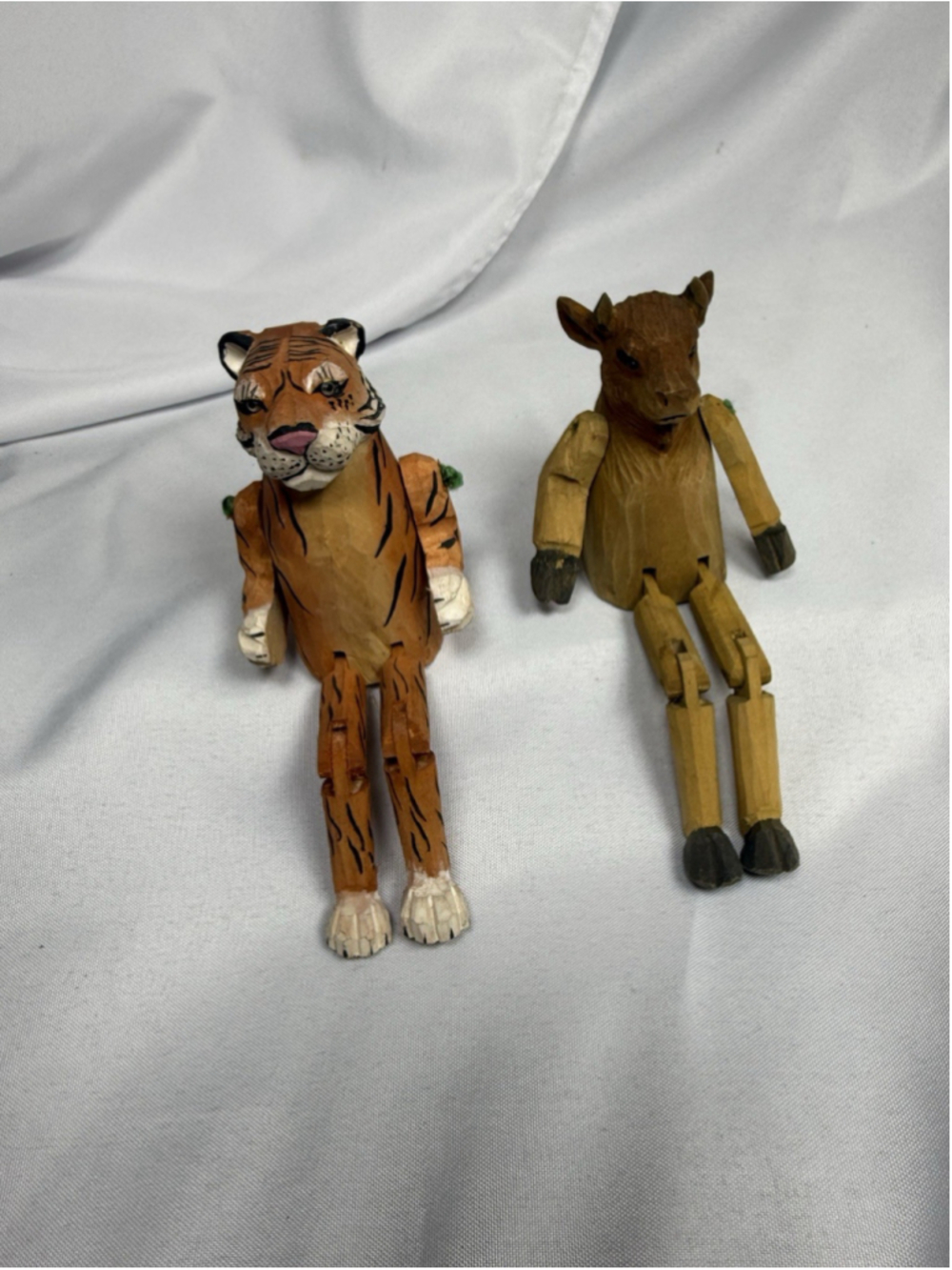 Vintage Hand Carved Wooden Tiger & Horned Farm Animal (Calf/Goat) Shelf Sitters